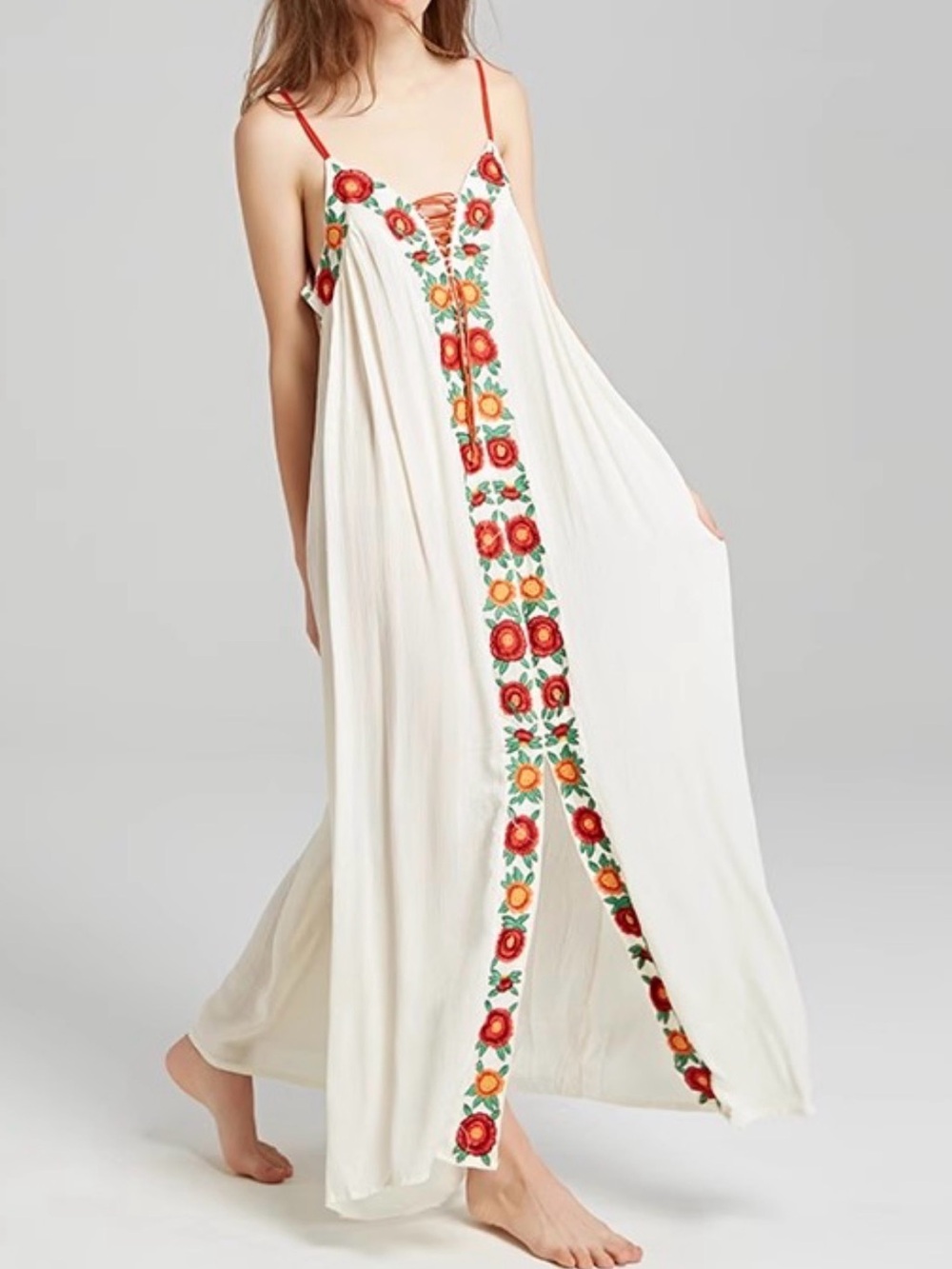 Cream Maxi Dress with Red Floral Embroidered Trim